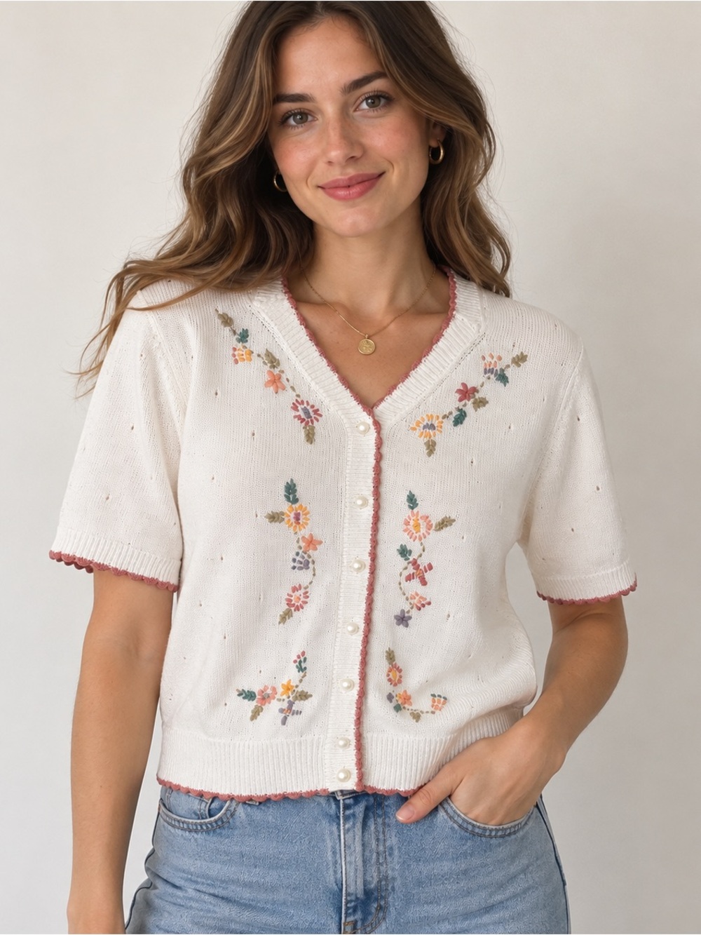 Vintage St Michael M&S Floral Embroidered Cotton Cardigan Size 18 Cottagecore